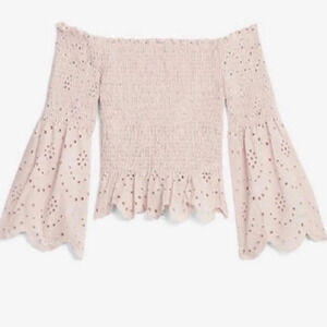 Express Women’s Smocked Eyelet Bell Sleeve Cropped Blouse Spring NWT Size M